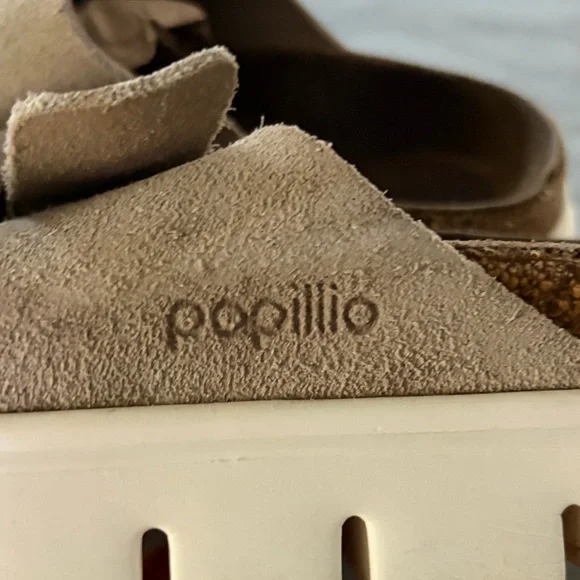 Papillio by Birkenstock Women's Double-Buckle Suede Platform Mules Tan/White - Picture 4 of 9